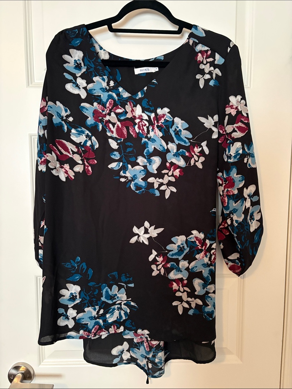 Ricki's Black Floral Scoop-Neck Tunic with Blue and Burgundy Blooms